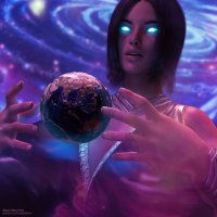 breasts giantess earth giga space black_hair planet cleavage huge_breasts goddess dress short_hair necklace bracelet jetslasher stars glowing_eyes digital_render cosmic_giantess