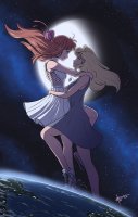 breasts drawing giantess earth giga blonde space color long_hair planet skirt couple moon red_hair dress lesbians sneakers thighs hair_bow necklace stars sara cosmic_giantess bare_legs sonia zerohour99