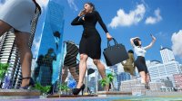 breasts giantess city mega black_hair large_breasts butt cleavage skirt high_heels buildings glasses stockings asian ponytail short_hair phone suit giantesses reflection thighs palm_trees shirt earrings belt handbag office_lady water_tower digital_render selfie bare_legs celton