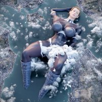 breasts giantess giga city large_breasts cleavage water buildings brunette superhero island short_hair boots airplane mask vehicles clouds thighs costume jumpsuit liz digital_render lying_on_back justablenderusername