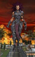 breasts giantess city mega large_breasts long_hair armor destruction buildings purple_hair gloves street red_hair boots fire thighs palm_trees tattoo power_lines belt running_away apocalypse white_eyes digital_render loincloth gauntlets roodedude traffic_lights darksiders horsemen_of_the_apocalypse fury_(darksiders)