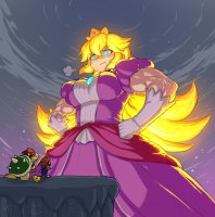 breasts drawing giantess tail mega blonde color large_breasts long_hair blue_eyes mario princess_peach angry brunette gloves red_hair dress muscles crown bowser overalls super_mario night hat stars hands_on_hips cliff glowing_eyes spikes looking_at_tinies sheepapp