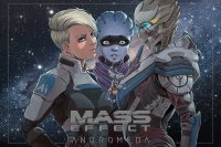 breasts drawing giantess alien blonde color butt armor blue_eyes green_eyes brunette yellow_eyes gloves ponytail short_hair blue_skin parody shrunken_woman tattoo jumpsuit stars hands_on_hips looking_at_tiny mass_effect asari grey_skin cora_harper turian vetra_nyx zigenfruke sara_ryder peebee cathrine