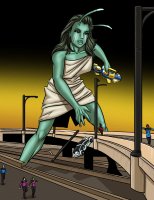 breasts drawing giantess mega alien blonde black_hair color long_hair bridge handheld green_eyes spaceship green_hair dress uniform reaching parody highway falling vehicles straddling tattoo road lamppost attack_of_the_50_foot_woman green_skin bare_legs antennae makeshift_clothing prodigyduck starfarer