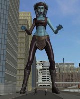 breasts giantess city mega alien rampage cleavage buildings brown_eyes street boots blue_skin star_wars tentacles top belt running_away digital_render roodedude bare_midriff looking_at_tinies aayla_secura jedi twilek Mega lekku