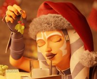 horns alien christmas gloves kissing shorts star_wars table mistletoe shrunken_man tattoo closed_eyes candle santa_hat black_nails digital_render orange_skin bare_legs togruta ahsoka_tano env_light lekku