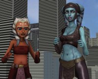 breasts giantess city mega alien blue_eyes handheld cleavage skirt buildings brown_eyes blue_skin star_wars giantesses pants tentacles tattoo top belt looking_at_tiny digital_render orange_skin togruta roodedude ahsoka_tano aayla_secura jedi bare_midrif Mega lekku twilek