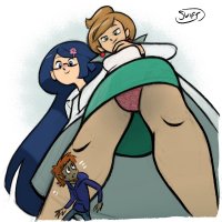 breasts drawing giantess panties upskirt black_hair color long_hair blue_eyes skirt glasses green_eyes jeans brunette brown_eyes smiling short_hair shrunken_man giantesses scientist thighs earrings hoodie orange_hair source_needed no_background looking_at_tiny bare_legs labcoat flower_in_hair spunkbug