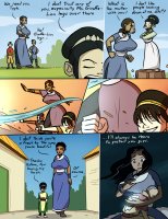 breasts drawing growth giantess blushing city mega comic black_hair color large_breasts long_hair barefoot skirt water buildings shoes angry dress short_hair mini_giantess dark_skin fist avatar toph choker sokka katara dialogue hands_on_hips hairband aang avatar_the_last_airbender armbands looking_at_tiny caiman2 zuko