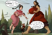 breasts drawing growth giantess mega black_hair color long_hair butt destruction blue_eyes toes barefoot skirt huge_breasts angry brunette gloves giantesses forest pants dark_skin thighs avatar choker braid sokka trees top katara bracelet dialogue ty_lee avatar_the_last_airbender armbands looking_at_tiny hair_bun bare_midriff caiman2 boomerang