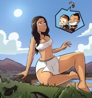breasts drawing growth giantess giga black_hair color large_breasts long_hair swimsuit blue_eyes cleavage water buildings brunette grinning short_hair sun town mountains forest dark_skin clouds thighs avatar sokka ships trees bison katara headband legs_crossed aang avatar_the_last_airbender bare_legs bare_midriff caiman2 looking_at_tinies appa