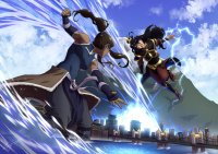 breasts drawing giantess city mega black_hair color large_breasts long_hair armor bridge destruction skirt water buildings brunette gloves ponytail muscles fighting waves mountains giantesses pants dark_skin thighs avatar belt lightning korra azula avatar_the_last_airbender hair_bun legend_of_korra zerohour99 republic_city