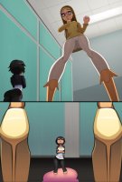 breasts drawing blonde comic black_hair color large_breasts long_hair butt high_heels glasses gloves asian short_hair shrunken_woman pants thighs indoors jacket disney stuck point_of_view headband annoyed looking_at_tiny arms_folded bubblegum gogo_tomago big_hero_6 ravenravenraven honey_lemon hair_streak
