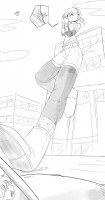 breasts drawing giantess mega monochrome destruction handheld buildings helicopter shoes ponytail kissing shorts mask pants leaning_against_building freckles closed_eyes belt hairband teenage_mutant_ninja_turtles april_oneil armbands donatello turtle cutaway dodla
