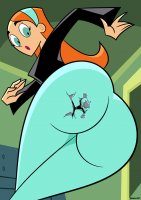 breasts drawing white_hair color long_hair butt blue_eyes shoes gloves shrunken_man cartoon pants thighs indoors costume orange_hair hairband looking_behind legs_crossed thick_thighs stuck_to_butt danny_phantom dangerking11 jazz_fenton