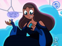 breasts drawing giantess color long_hair blue_eyes handheld blue_hair brunette gloves dress sitting blue_skin dark_skin milf throne dialogue pointed_ears pearl steven_universe blue_diamond priyanka_maheswaran fusion heavy_eyeshadow spunkbug cartoon_network
