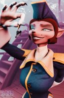 breasts furry tail vixen large_breasts butt blue_eyes claws toes blue_hair brunette smiling gloves short_hair boots uniform shrunken_woman dangle cat_girl hat disney fox_girl ships slit_pupils pinched digital_render sly_cooper carmelita_fox captain_amelia treasure_planet sly_cooper_(series) js3ds