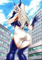 breasts drawing giantess horns city mega blonde color large_breasts long_hair butt buildings purple_eyes gloves mask leaning_against_building costume point_of_view looking_at_viewer looking_behind thick_thighs my_hero_academia mt._lady fred_benes