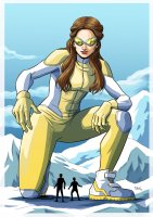 breasts drawing giantess mega color large_breasts long_hair shoes brunette superhero gloves kneeling looming mountains mask snow clouds costume zipper looking_at_tinies el-eliah
