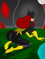 breasts drawing giantess chief earth giga long_hair butt ocean multiple_sizes gloves red_hair boots harley_quinn kneeling giantesses mask batgirl thighs cape belt looking_at_tiny dc_comics