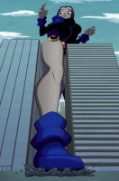breasts drawing giantess city color large_breasts butt destruction buildings purple_hair shoes purple_eyes raven teen_titans thighs costume stuck cape belt leotard between_buildings cracked_ground dc_comics bare_legs grey_skin ravenravenraven