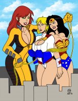 breasts drawing giantess city mega blonde black_hair color large_breasts long_hair blue_eyes cleavage buildings green_eyes giganta red_hair bondage callmepo giantesses thighs outdoors wonder_woman cape belt leotard jumpsuit bracelet tiara power_girl lasso zipper dc_comics bare_legs