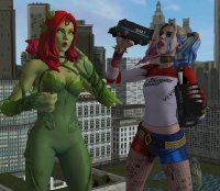 breasts giantess vore city mega blue_eyes handheld cleavage buildings green_eyes gloves red_hair police dress harley_quinn twintails fishnets giantesses short thighs tattoo choker poison_ivy belt bracelet police_car green_skin spikes digital_render dc_comics roodedude hair_streak