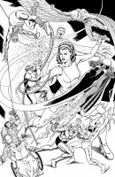 breasts drawing giantess chief wings monochrome crossover handheld skirt glasses gloves boots fighting tie suit mask pants tentacles fist costume cape doom_patrol belt hairband helmet electricity dc_comics bare_legs vest elasti-girl robotman spider-man marvel_comics wheelchair negative_man doctor_octopus vulture electro webs rita_farr mysterio roygbiv666 sinister_six kraven_the_hunter sandman