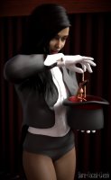 breasts nude black_hair long_hair butt barefoot gloves fishnets shrunken_woman dangle magic jacket shirt wonder_woman pinched looking_at_tiny digital_render zatanna dc_comics bare-faced-cheek top_hair