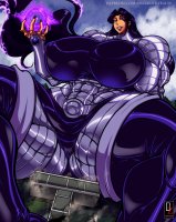 breasts drawing giantess mega black_hair color large_breasts long_hair tongue armor destruction skirt purple_eyes teen_titans boots muscles thighs costume sitting_on_building purple_nails thick_thighs dc_comics osmar-shotgun blackfire titans_tower