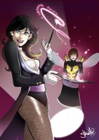 breasts drawing wings black_hair color long_hair blue_eyes cleavage brunette gloves short_hair fishnets shrunken_woman magic thighs jacket costume earrings magic_hat no_background magic_wand spotlight top_hat zatanna dc_comics bowtie marvel_comics the_wasp 13wishes janet_van_dyne