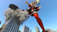 breasts giantess city mega blonde destruction blue_eyes buildings shoes stockings gloves harley_quinn twintails foot_crush shorts smoke corset jacket tattoo belt hammer white_skin digital_render dc_comics bare_legs clown_makeup bare_midriff hair_streak celton
