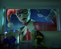 breasts giantess panties mega upskirt blonde long_hair blue_eyes skirt buildings gloves red_hair boots harley_quinn supergirl window mask batgirl hiding chair night costume sofa jetslasher searching looking_in digital_render dc_comics bare_legs clown_makeup