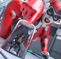 breasts large_breasts long_hair blue_eyes crossover cleavage red_hair harley_quinn crawling glass shrunken_woman pen trapped mask thighs indoors costume belt jumpsuit bracelet jetslasher shrinking_serum zipper looking_at_tiny black_widow digital_render dc_comics trapped_under_glass marvel_comics clown_makeup