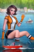 breasts drawing giantess horns tail color large_breasts water buildings green_eyes brunette gloves short_hair boots sitting shorts wave lake boats reflection hat costume doom_patrol belt purple_skin on_shoulder looking_at_tiny dc_comics bare_legs elasti_girl rita_farr beast_girl