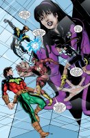 breasts drawing giantess mega comic black_hair color long_hair brunette brown_eyes leviathan gloves red_hair ponytail boots kneeling muscles bulge shorts dark_skin flying fist costume rings belt dialogue hairband flash dc_comics bare_legs shrinking_violet legion_of_superheroes ultra_boy lightning_lad xs_(dc)