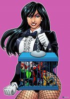breasts drawing giantess black_hair color long_hair butt blue_eyes cleavage high_heels smiling cheetah giganta gloves red_hair harley_quinn sitting grin fishnets shrunken_woman cage mask cat_girl thighs fist jacket costume poison_ivy jumpsuit catwoman no_background zatanna dc_comics orange_skin bowtie looking_at_tinies shrinkfan