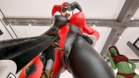 breasts panties large_breasts long_hair butt armor blue_eyes cleavage bra brown_eyes gloves red_hair short_hair harley_quinn shrunken_woman mask batgirl thighs indoors costume point_of_view poison_ivy hands_on_hips green_skin looking_at_tiny digital_render dc_comics clown_makeup bare_midriff celton