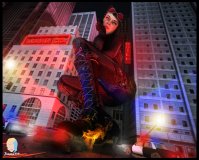 breasts giantess city mega black_hair butt destruction high_heels buildings green_eyes boots foot_crush fire mask night thighs crouching looking_at_viewer goggles vehicle_crush catwoman police_cars sign cracked_ground digital_render dc_comics jimmy144