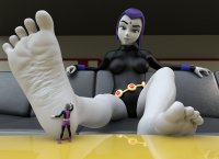 breasts large_breasts toes barefoot purple_hair shoes purple_eyes slave raven teen_titans gloves green_hair sitting beast_boy table shrunken_man reflection indoors foot_slave costume belt sofa leotard green_skin looking_at_tiny digital_render dc_comics bare_legs grey_skin gtssrg