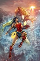 breasts drawing giantess mega black_hair color armor sword cleavage skirt water ocean angry island giganta red_hair boots muscles fighting waves comic_cover flying thighs sunset wonder_woman jumpsuit bracelet tiara cliff lasso bending_forward shield temple looking_at_tiny dc_comics bare_legs