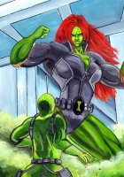 breasts drawing giantess color large_breasts long_hair cleavage gloves red_hair mini_giantess muscles uniform mask thighs indoors fist flexing belt leotard she_hulk zipper looking_at_tiny black_widow bare_legs marvel_comics hydra grim1978 fusion green_widow