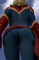 giantess blonde butt climbing gloves short_hair unaware thighs costume point_of_view belt digital_render spider-man marvel_comics captain_marvel peter_parker carol_danvers solidsunny