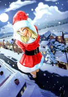breasts drawing giantess city mega blonde color long_hair blue_eyes buildings christmas moon boots snow clouds night santa_costume looking_at_viewer power_lines belt santa_hat bare_legs beautifulgiantess yash_k
