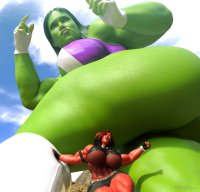 breasts giantess mega black_hair large_breasts butt cleavage gloves green_hair red_hair muscles shorts abs fishnets thighs point_of_view belt jetslasher red_skin thick_thighs green_skin looking_at_tiny digital_render she-hulk bare_legs red_she_hulk marvel_comics bare_midriff hair_streak