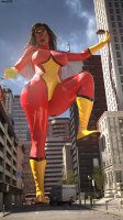 breasts giantess city mega black_hair large_breasts long_hair buildings blood gloves street boots foot_crush bus mask vehicles thighs leaning_against_building truck costume running_away imminent_crush thick_thighs stuck_to_butt museum robbery digital_render spider-woman marvel_comics amgipi looking_at_tinies criminals jessica_drew