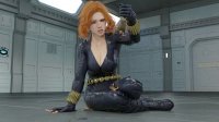 breasts giantess black_hair large_breasts handheld cleavage butt_crush green_eyes brunette gloves red_hair boots sitting shrunken_man hand_crush indoors costume thigh_crush belt jumpsuit bracelet thick_thighs looking_at_tiny black_widow digital_render marvel_comics camo_pants celton