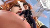 breasts nipples wings large_breasts cleavage climbing brunette multiple_sizes red_hair reaching shrunken_woman shrunken_man avengers costume belt bracelet on_nipple looking_at_tiny black_widow digital_render spider-man marvel_comics hope_van_dyne the_wasp peter_parker celton
