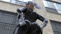 white_hair city butt claws buildings butt_crush smiling gloves ponytail shrunken_man mask thighs costume point_of_view looking_at_tiny digital_render between_buttcheeks black_cat spider-man marvel_comics felicia_hardy celton cupping_butt