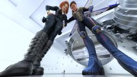 breasts wings large_breasts cleavage gun green_eyes brunette brown_eyes smiling red_hair ponytail short_hair boots looming shrunken_man thighs indoors costume jumpsuit bracelet hands_on_hips zipper thief robbery looking_at_tiny black_widow digital_render marvel_comics hope_van_dyne bank the_wasp bank_vault vault celton bank_heist